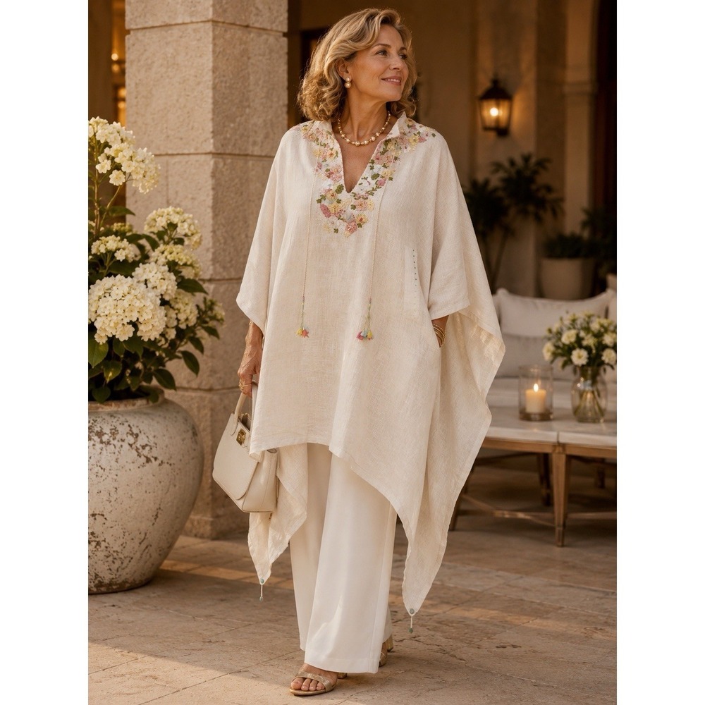 Péro Aneeth Arora 100% Linen Floral Embroidered Kaftan Poncho Tunic Sz 38 Luxury - Picture 2 of 16
